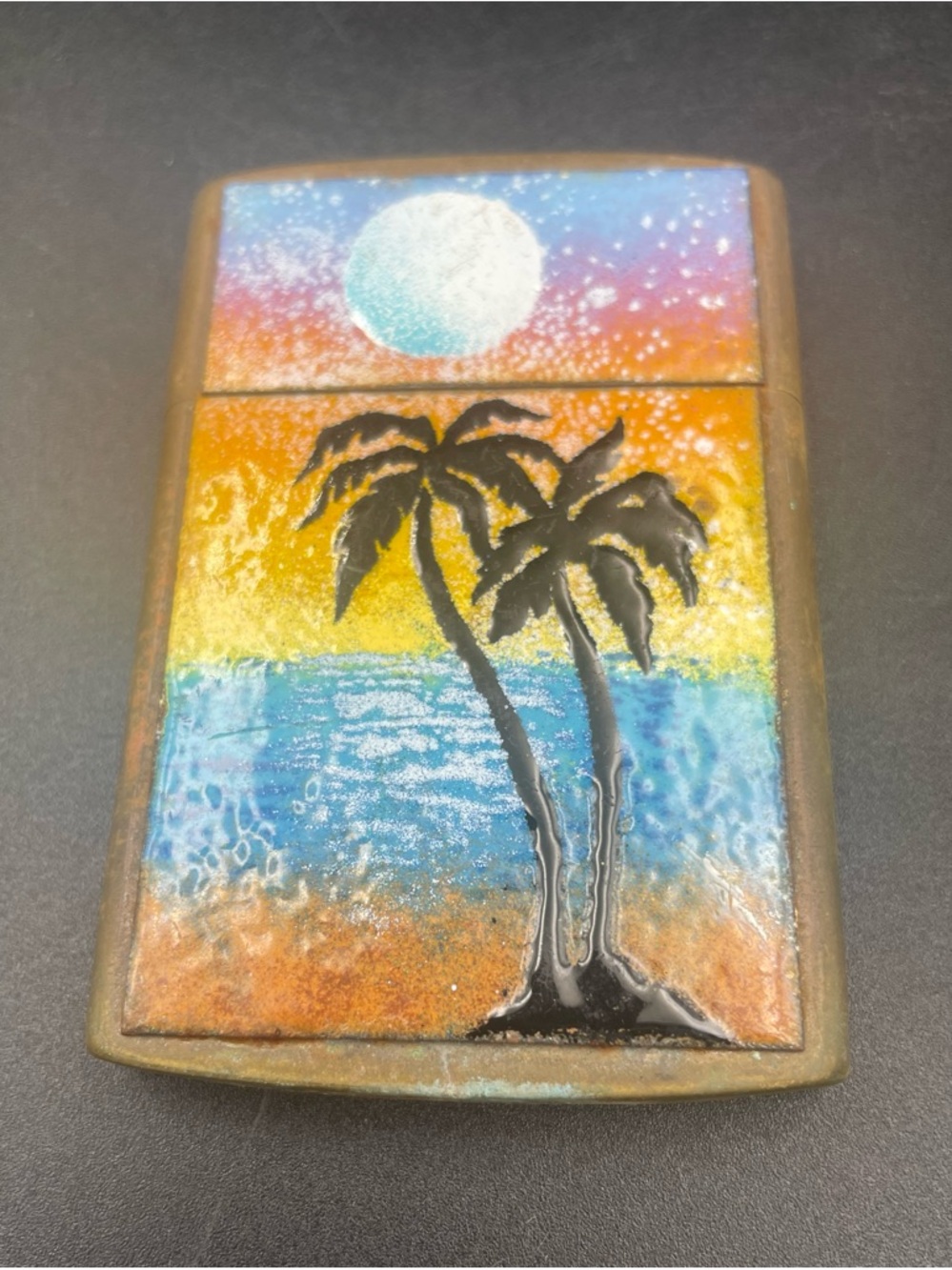 Vintage Brass Enamel Palm Trees Cigarette Case Korea